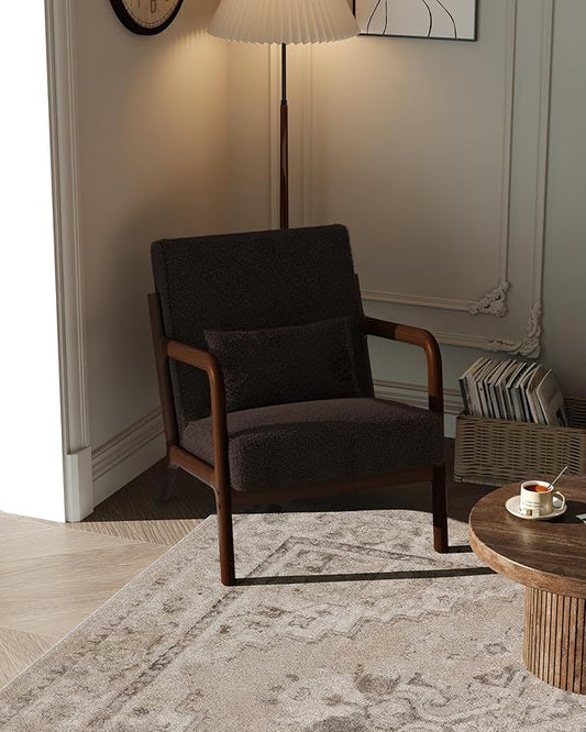 Garvee Mid-Century Modern Accent Chair, Sherpa Upholstery, Solid Wood Armchair with Removable Lumbar Pillow, Sturdy Reading Chair for Living Room, Bedroom, Guest Room, Easy Assembly, Brown