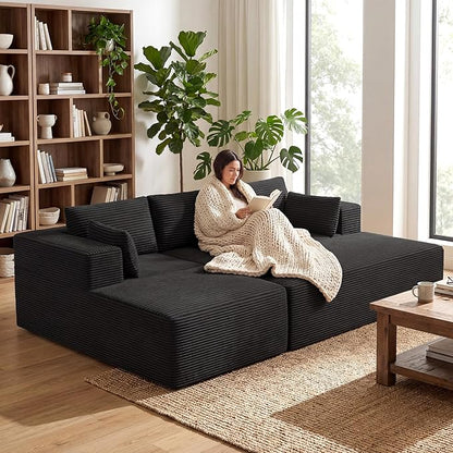 GRUSIGN 106" Oversized Sectional Boneless Sleeper Sofa Bed Couches for Living Room, Modular L Shaped Couch with Left Facing Chaise & Big Ottoman, Compressed Spineless Corduroy Cloud Sofas, Black