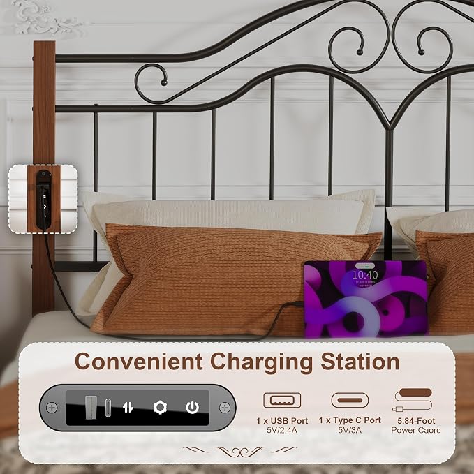 Headboard for King Size Bed Frame with Charging Station USB & Type C Ports | Vintage Platform Bed Headboard Only,Adjustable,Iron Legs,Easy Assembly,Black