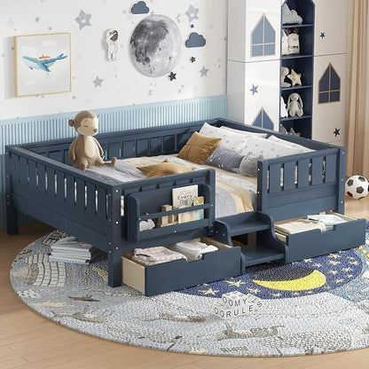 Bellemave Full Floor Bed with Stairs, Rails and Slats, Full Size Montessori Floor Bed with Bookshelf and 2 Storage Drawers, Easy Assemble Montessori Beds Frame for Girls, Boys, Blue