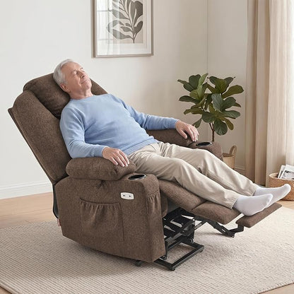 MCombo Power Lift Recliner Chair for Elderly, Lift Chair with Heat and Massage, FSC Certified, USB&Type C Ports, Cup Holders, Fabric 7040 (Medium,Brown)