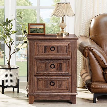 Joaxswe Farmhouse Nightstand Set of 2, 18 Inch End Table with 3 Drawer Metal Handle, Dresser for Bedroom, Sofa Bed Side Table Chest of Drawers,Wood Night Stand Cabinet for Organizer, Living Room-Brown