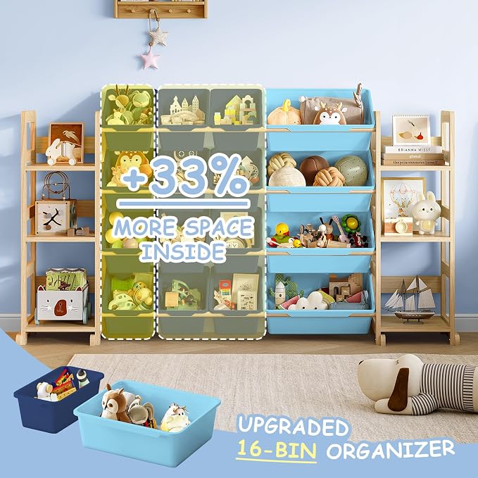 EXPERLAM Extra Large Toy Storage - Toy Storage Organizer, Wooden Toy Organizer with 6 Side Shelves and 16 Bins, 3-in-1 Bookshelf for Kids Rooms, Playroom, Nursery, Blue