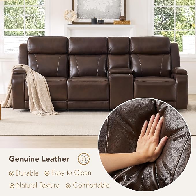 Watson & Whitely Genuine Leather Power Recliner Sofa with Console, 3 Seater Zero Gravity Reclining Sofa with Power Headrest & Flip Middle Backrest Table, Cup Holders for Living Room, Dark Brown