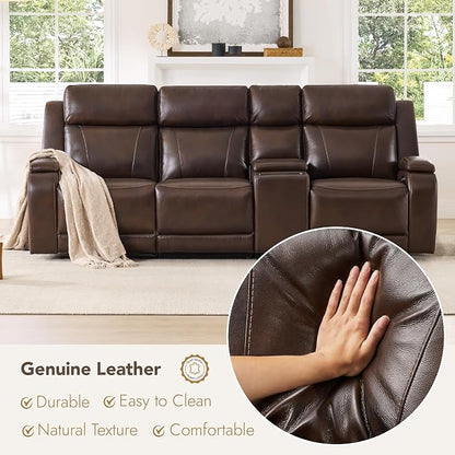 Watson & Whitely Genuine Leather Power Recliner Sofa with Console, 3 Seater Zero Gravity Reclining Sofa with Power Headrest & Flip Middle Backrest Table, Cup Holders for Living Room, Dark Brown
