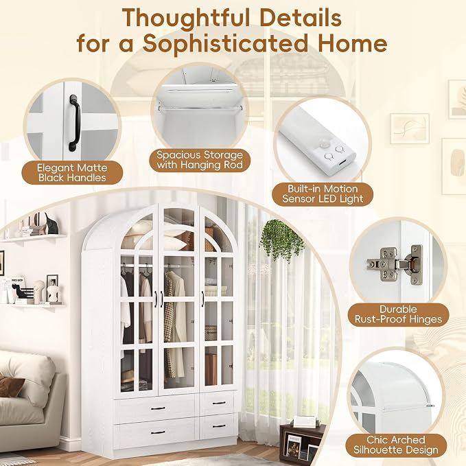 Squireewo 78" Arched Armoire Wardrobe Closet with Motion Sensor LED Light, 3 Windowpane Glass Doors & 4 Drawers, Large Wood Bedroom Storage Cabinet, Clothing Organizer with Hanging Rod, White