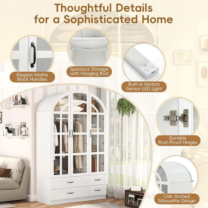 Squireewo 78" Arched Armoire Wardrobe Closet with Motion Sensor LED Light, 3 Windowpane Glass Doors & 4 Drawers, Large Wood Bedroom Storage Cabinet, Clothing Organizer with Hanging Rod, White