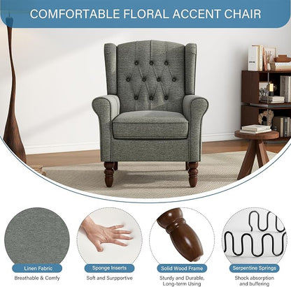 High Back Accent Chairs Set of 2, Upholstered Armchair in Fabric, Retro Wingback Arm Chair for Living Room, Comfy Single Sofa Bedroom Reading Seat with Solid Wood Legs - Dark Gray