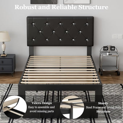 VECELO Twin Size Bed Frame with Storage Drawers, Leather Upholstered Bedframe with Diamond Tufted Headboard, Solid Wood Slat Support, No Box Spring Needed, PU Black