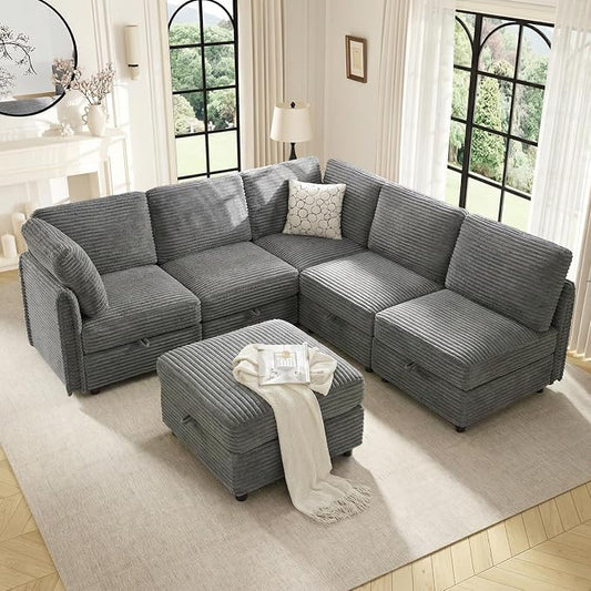 KKL Modular Sectional Sofa V-Shaped 6 Seater Couch with Storage Ottoman, Convertible L/J-Shaped Couch and Sofa Bed Plush Wide-Wale Corduroy for Living Room, Apartment, Modern Design, Gray