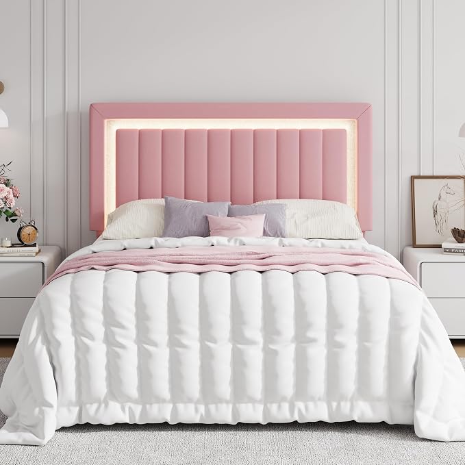 SHA CERLIN Queen Size Velvet Bed Frame with LED Light, Adjustable Vertical Channel Tufted Headboard, Strong Wooden Slats Support, Noise-Free, No Box Spring Needed, Pink