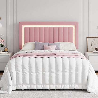 SHA CERLIN Queen Size Velvet Bed Frame with LED Light, Adjustable Vertical Channel Tufted Headboard, Strong Wooden Slats Support, Noise-Free, No Box Spring Needed, Pink