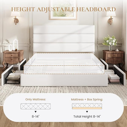 SHA CERLIN Full Size Platform Bed Frame with 4 Storage Drawers, Velvet Upholstered Headboard, Mattress Foundation with Wooden Slats Support, No Box Spring Needed, Easy Assembly, White