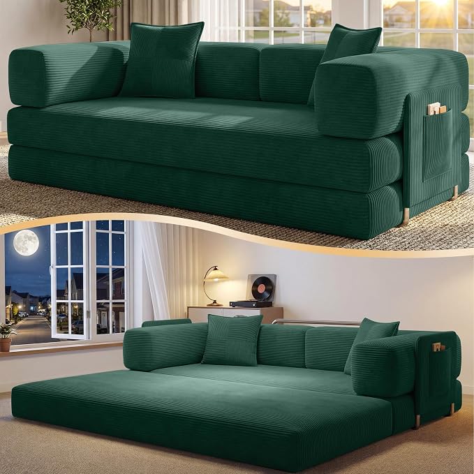 78.8" Convertible Sofa Bed,Corduroy Futon Couch with Storage Pocket,Folding Pull Out Futon Sofa,No Assembly Boneless Couch for Living Room, Forest Green