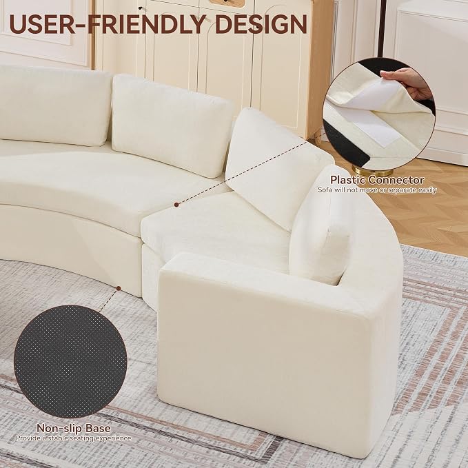 WUTUTUEE 119'' Curved Round Boneless Sofa, Oversized Modular Sectional Sofa with Deep Seat & Arms, Chenille Memory Foam Sofa with Pillows, Upholstered Comfy 4 Seat Couch for Living Room, White