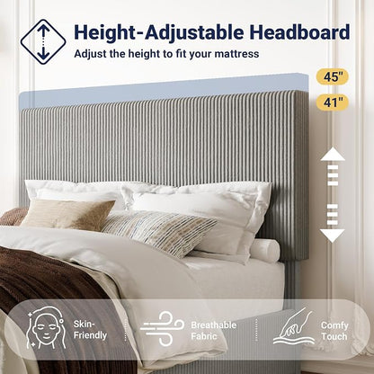 Allewie Full Bed Frame, Upholstered Platform Bed, Adjustable Vertical Channel Tufted Headboard, Corduroy Fabric, Modern Low Profile, Wooden Slats, No Box Spring Needed, Easy Assembly, Light Grey