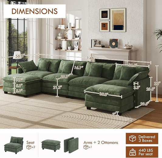 WorthFurni 146” Oversized Modular Sectional Sofa, U Shaped Cloud Couch Set, 4-Seater Comfy Chenille Couches with 2 Movable Ottomans, DIY Combination for Living Room (Green)