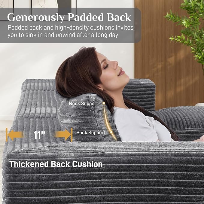 131" Oversized U Shaped Cloud Sectional Couches for Living Room, Comfy Fluffy Corduroy Dark Grey Boneless Sectionals Couch, Plush Memory Foam Modular Sectional Sofa with Chaise- 19" Seat Height