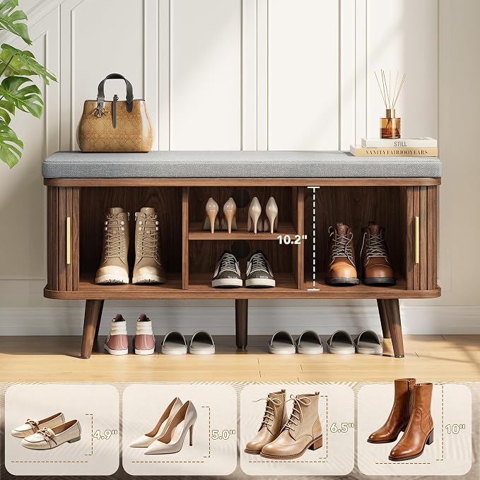 Decofy Shoe Storage Bench with Cushion and Sliding Doors, 39 Inch Shoe Bench with Storage, Freestanding Entryway Bench with Shoe Storage, with Solid Wood Legs, for Hallway & Entrance Hall, Walnut