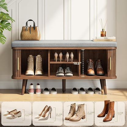Decofy Shoe Storage Bench with Cushion and Sliding Doors, 39 Inch Shoe Bench with Storage, Freestanding Entryway Bench with Shoe Storage, with Solid Wood Legs, for Hallway & Entrance Hall, Walnut