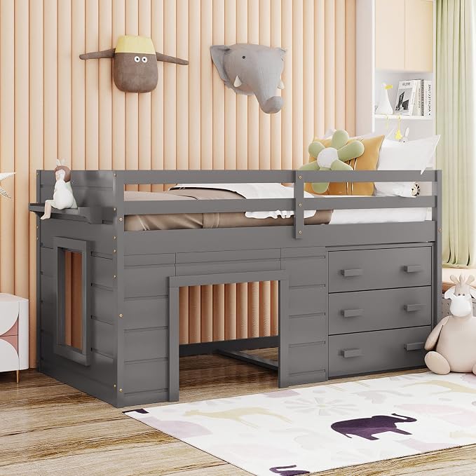 Bellemave Twin Size Low loft Bed for Kids,Wood Modern Farmhouse Twin Loft Bed with and Drawer Storage, No Box Spring Needed, Gray