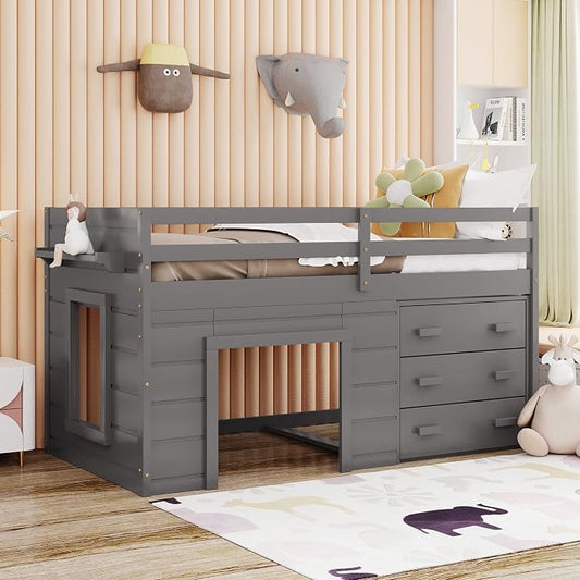 Bellemave Twin Size Low loft Bed for Kids,Wood Modern Farmhouse Twin Loft Bed with and Drawer Storage, No Box Spring Needed, Gray