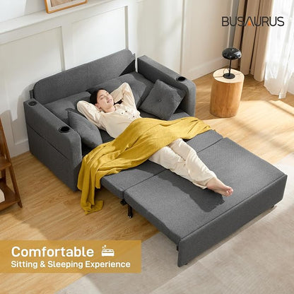 Busaurus 3 in 1 Convertible Sofa Bed, 56" Full Size Pull Out Couch, Loveseat Sleeper with Storage Pocket, USB, Comfy Sleeper Sofa Bed for Living Room, Bedroom, Small Space, Deep Grey