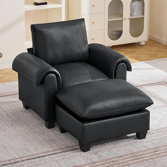 44.5" Faux Leather Single Sofa with Movable Ottoman, Oversized Accent Chair with Curved Armrests, Cloud Modern Sofa Upholstered Reading Lounge Armchair for Living Room, Bedroom，Black
