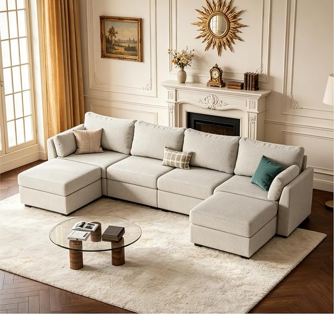 Huatean Home 114.17" Modular Sectional Sofa, 6 Seat Modular Couch with Storage, Memory Foam, Convertible Sectional Couches for Living Room, U Shaped Comfy Modular Sofa with Chaise, Light Grey