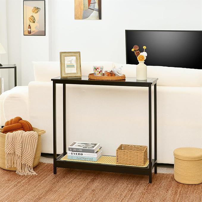 Bamboo Narrow Console Table, 31.5"(L) Wood Small Entryway Table with Rattan and Glass, Accent Slim Hallway Tables, Thin Sofa Side Tables for Hallway, Living Room, Bedroom, Foyer, Black