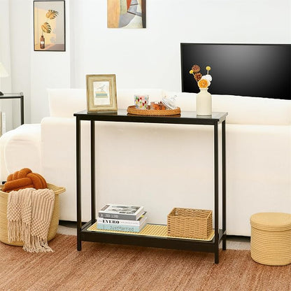 Bamboo Narrow Console Table, 31.5"(L) Wood Small Entryway Table with Rattan and Glass, Accent Slim Hallway Tables, Thin Sofa Side Tables for Hallway, Living Room, Bedroom, Foyer, Black