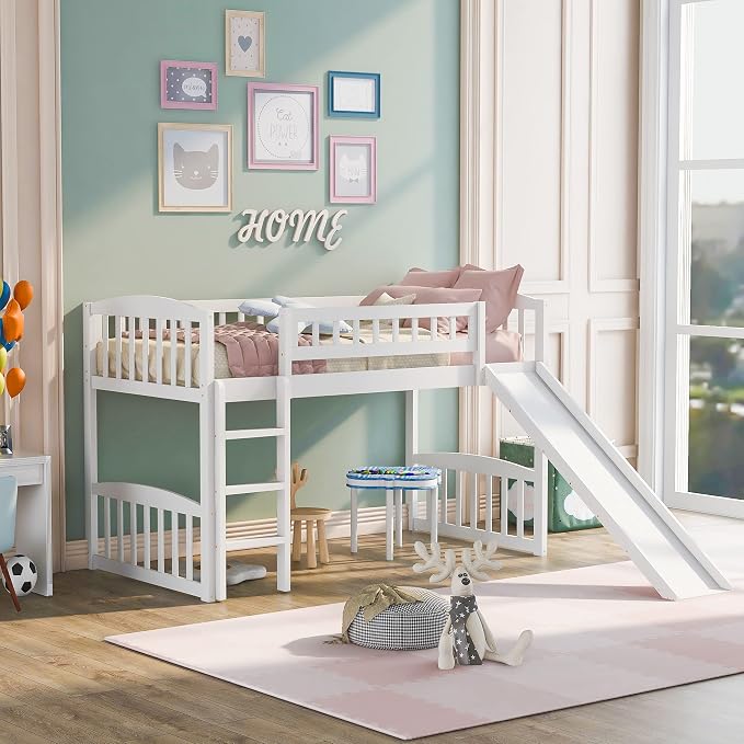 YOPTO Twin Size Loft Bed with Slide and Ladder,Multifunctional Solid Wood Bed Frame,w/Safety Guardrail & 14 Support Slats,No Box Spring Needed,for Kids, Teens, Girls, Boys,White