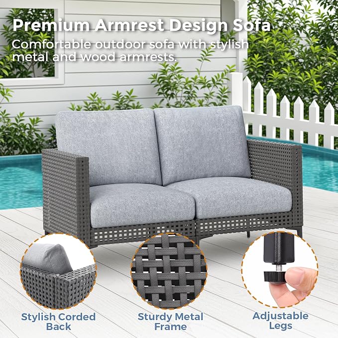 Jocoevol Outdoor Patio Sofa Conversation Set–Rattan 4 Seats Comfortable Couch for Garden, Yard, Weatherproof–Includes Glass Table, Armless Chairs, and Two-Seater Sofa