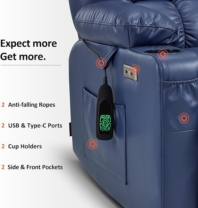 MCombo Extra Wide Dual Motor Power Lift Recliner Chair for Elderly, Zero Gravity Lift Chair with Heat and Massage, Infinite Position Recliners, USB Ports, Faux Leather R7897 (Medium-Wide, Blue)