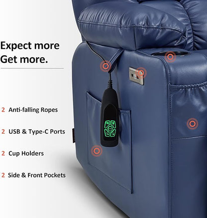 MCombo Extra Wide Dual Motor Power Lift Recliner Chair for Elderly, Zero Gravity Lift Chair with Heat and Massage, Infinite Position Recliners, USB Ports, Faux Leather R7897 (Medium-Wide, Blue)