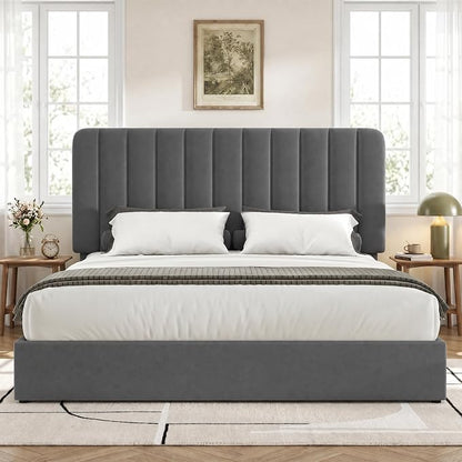 VECELO Queen Size Upholstered Bed Frame with 4 Drawers and Headboard, Velvet Platform Storage Bedframe, Wooden Slats Support, No Box Spring Needed,Dark Grey