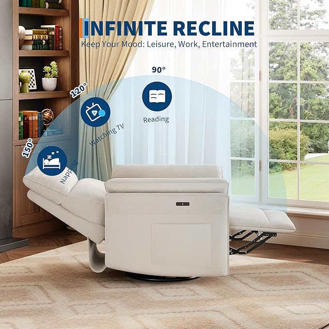 IDEALHOUSE Power Recliner Chair with Side Pockets, 270° Swivel & Glider, USB Charging Port, PU Leather, Thickened Dual-Layer Armrests, Modern Recliner for Living Room, Bedroom (White)