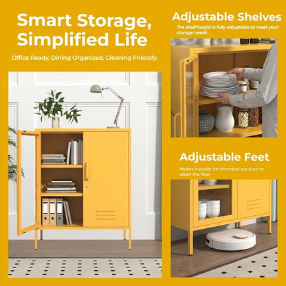 Lockable Metal Storage Locker Adjustable Shelves, 33" H 2-Door Storage Cabinets Durable Metal Sideboard Cabinet for Home Office Living Room Bedroom Yellow
