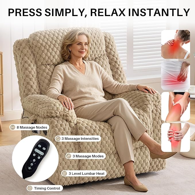 Massage Recliner Chair with Heat, Plush Faux Fur Recliner Chairs for Adults, 39" Wide Manual Reclining Ergonomic Lounge Chair, Overstuffed Wall Hugger Recliners for Living Room, Sand Yellow