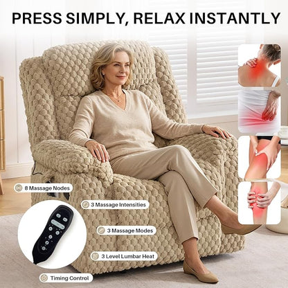 Massage Recliner Chair with Heat, Plush Faux Fur Recliner Chairs for Adults, 39" Wide Manual Reclining Ergonomic Lounge Chair, Overstuffed Wall Hugger Recliners for Living Room, Sand Yellow