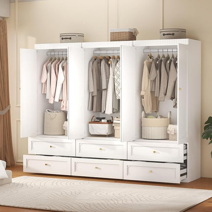 Wooden Wardrobe Closet with Doors: 75" Tall White Armoire Wardrobe Closet with 6 Drawers and 6 Doors, Modern Clothes Cabinets for Bedroom Armoires with Hanging Rod (6-Drawers, 94.5")
