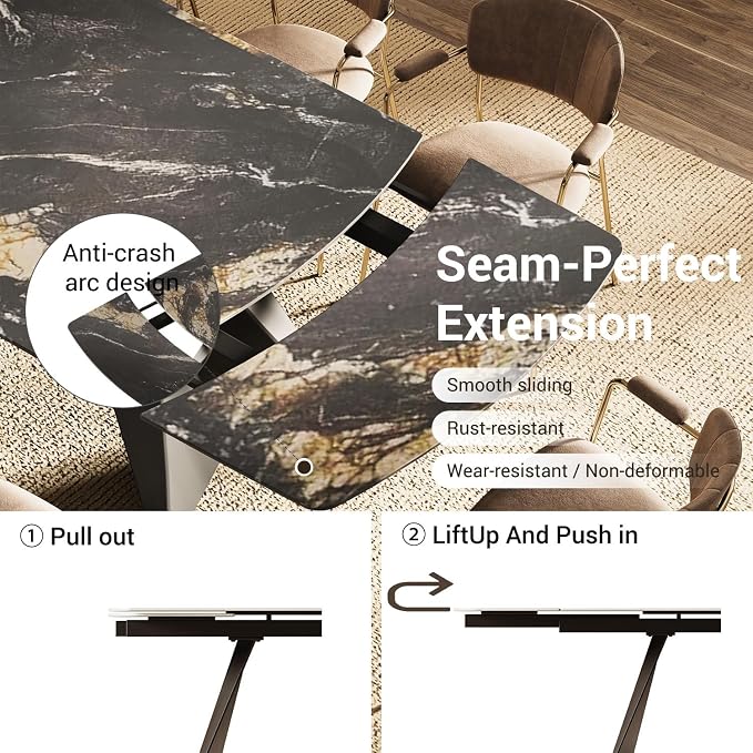 Honyee Extendable Dining Table with Leaf, 78 to 110 Inch Rectangular Sintered Stone, Modern Large Dining Room Table Seats 6 8 10 12, Metal Base, Marble Look for Family Gatherings