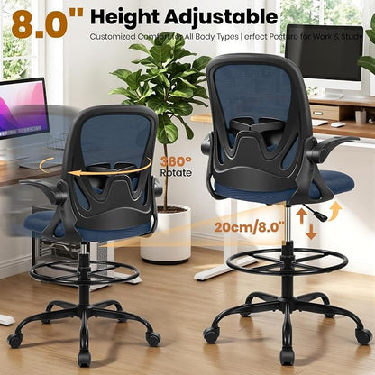 Primy Drafting Chair Tall Office Chair with Flip-up Armrests Executive Ergonomic Computer Standing Desk Chair with Lumbar Support and Adjustable Footrest Ring (Navy)