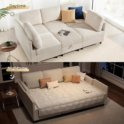 KKL Modular 83'' 6 Seater Sofa Bed - Sectional Sofa with Storage Ottoman, Convertible U/L -Shaped Sleeper Couch for Living Room, Modern Reversible Design, Beige