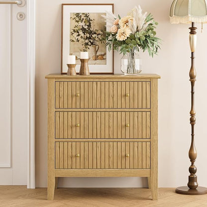 Night Stand, Fluted 3 Drawer Wide Farmhouse Nightstand with Gold Handle, Modern Wooden Bedside End Table for Bedroom, Living Room, Oak