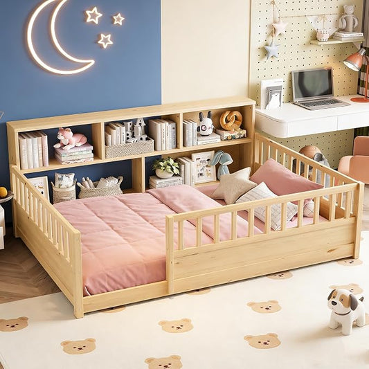 Bellemave Kids Montessori Floor Bed Full Size,Floor Bed Frame with Bookcase and Fence for Kids Boys Girls,Natural