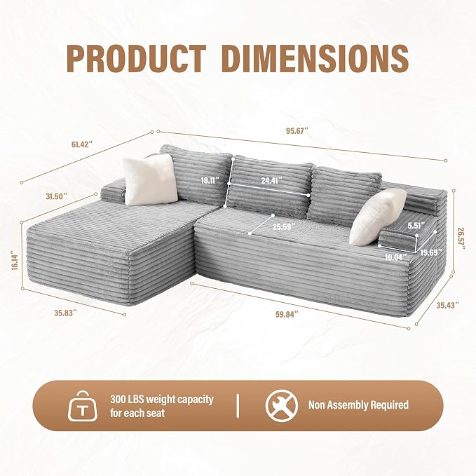 Hobestluk Boneless Couch Modular Sectional Sofa L-Shape Cloud Couch Lounge | 96" Left Facing Chaise Pale Gray,Memory Foam,Removable Cover,Non-slip Bottom,No Assemble Required,Furniture for Small Home
