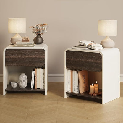 Modern Nightstands Set of 2,Bedside Table with Open Shelf,Night Stand with Drawer Storage,Wooden End Table for Bedroom, Side Table White and Walnut