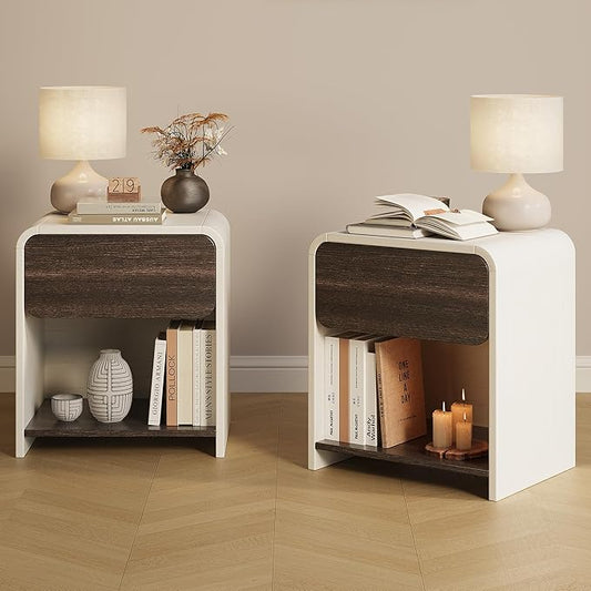 Modern Nightstands Set of 2,Bedside Table with Open Shelf,Night Stand with Drawer Storage,Wooden End Table for Bedroom, Side Table White and Walnut
