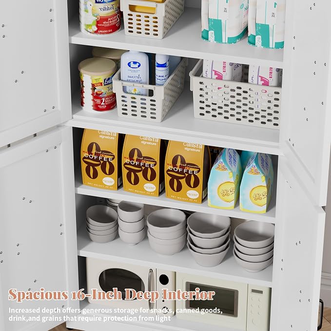 64" H White Steel Kitchen Pantry Storage Cabinet with Barn Doors | Metal Farmhouse Cabinets for Living Room, Bathroom, Heavy Duty Rustic Pantry